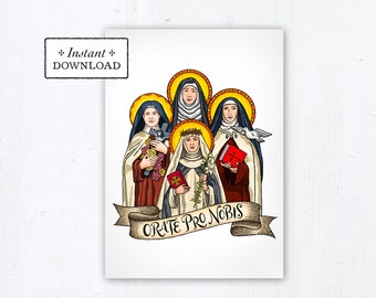 Female Doctors of the Church 5x7 Card Art Print, Instant Download, Downloadable PDF Saint Squad Therese Catherine Siena Teresa Hildegard