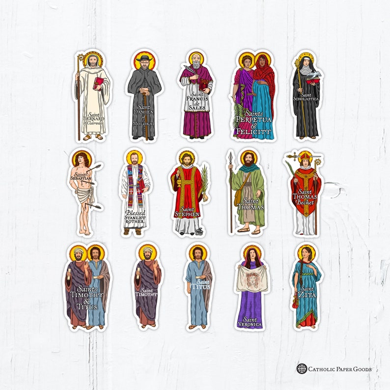 Catholic Saints 4 Inch Individual Die Cut Vinyl Stickers Peel & Stick Catholic Saint Stickers Set 3 St Scholastica Bernard Sebastian Stephen image 1