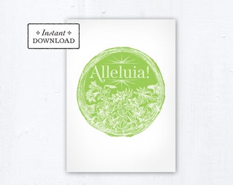 Catholic Easter Alleluia Lilies Digital Woodcut Greeting Card, Catholic Printable Easter Card Alleluia Instant Download, Green PDF 5x7