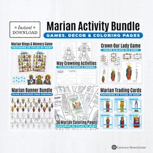 Marian Printable Bundle: Trading Cards, Bingo, Memory Game, Coloring Pages, Crown Our Lady, May Crowning, Banners, Decor, May Month of Mary