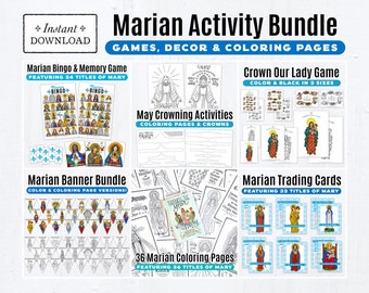 Marian Printable Bundle: Trading Cards, Bingo, Memory Game, Coloring Pages, Crown Our Lady, May Crowning, Banners, Decor, May Month of Mary