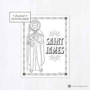 Puede incluir: Página para colorear en blanco y negro con arte de línea que representa a San Jaime, un santo católico. La imagen muestra a San Jaime sosteniendo un libro y un bastón. El texto "SAN JACOBO" está escrito en negrita.