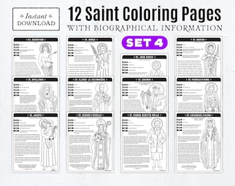 Set #4: 12 Catholic Saint Coloring Pages with Biographical Information, Catholic Printables, All Saints Day, All Saints Day Party, CCD, RCIA