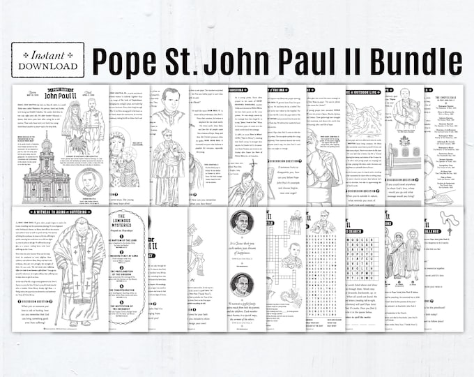 Featured listing image: Pope Saint John Paul II Activity Bundle: Catholic Kids Printable Games and Catechesis Homeschool & Classroom