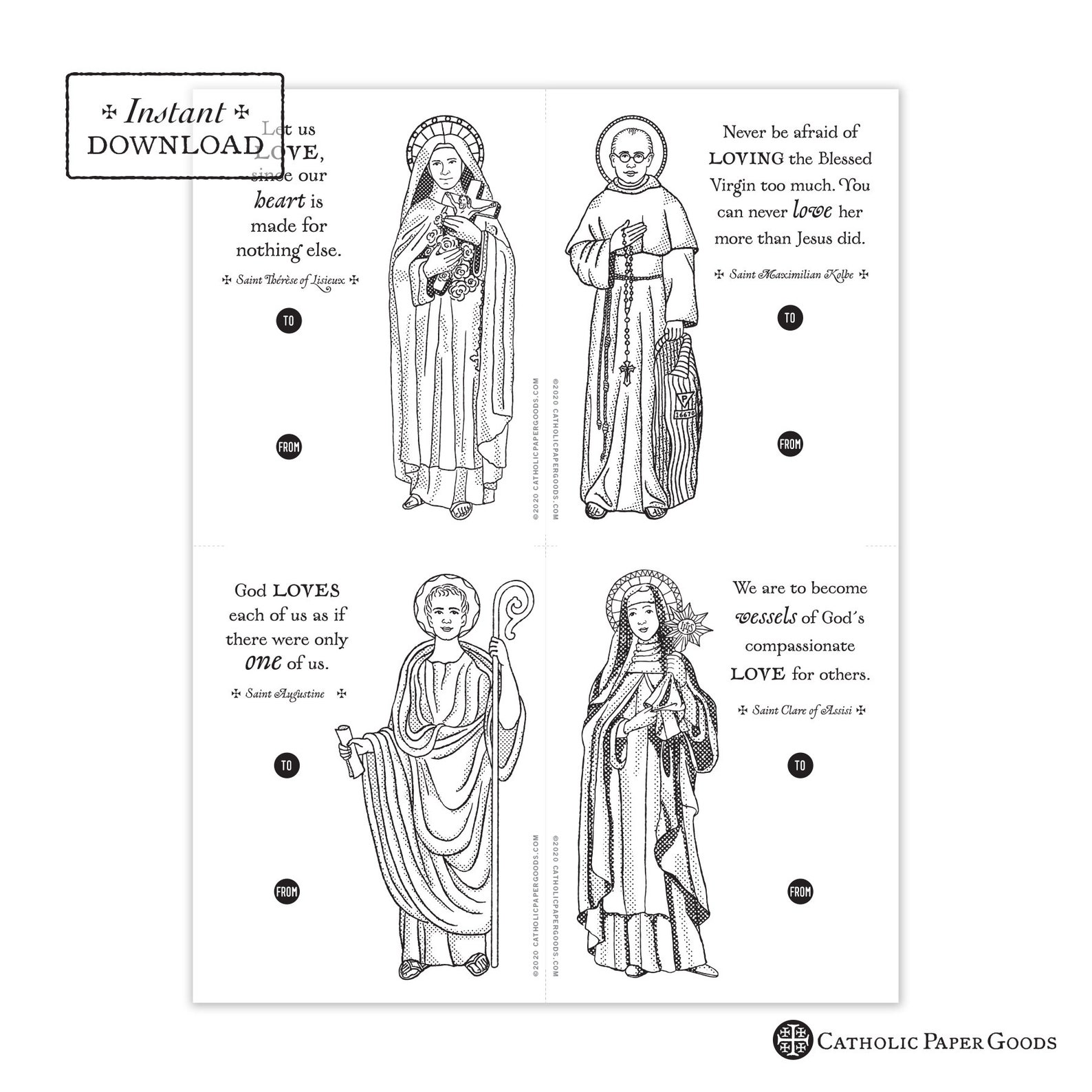 Catholic Saints Coloring Page Valentine Exchange Cards Set 1 | Etsy