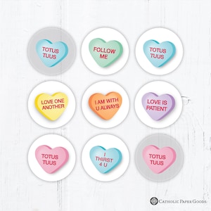 Catholic Conversation Hearts Valentine Vinyl Stickers 2 Inch Peel & Stick - Valentine Stickers - Water Resistant Circle Stickers