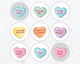 Catholic Conversation Hearts Valentine Vinyl Stickers 2 Inch Peel & Stick - Valentine Stickers - Water Resistant Circle Stickers