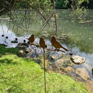 Décoration pour le jardin en acier : 3 oiseaux Aspect acier Corten et installation simple image 1