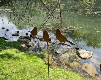 Décoration pour le jardin en acier : 3 oiseaux (Aspect acier Corten et installation simple)