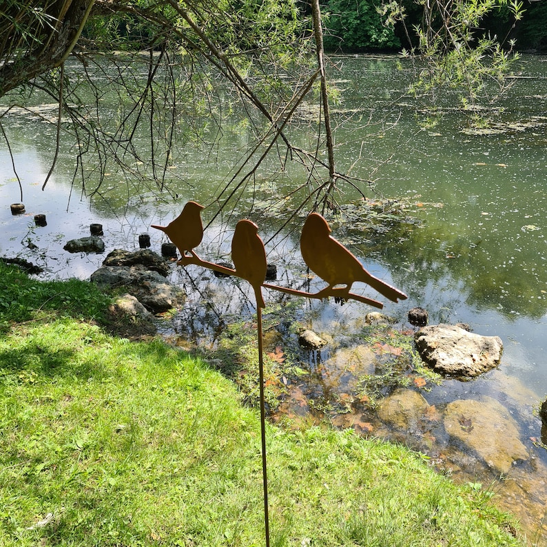 Décoration pour le jardin en acier : 3 oiseaux Aspect acier Corten et installation simple image 1