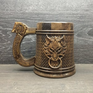 Fenrir and Odin wooden beer mug, beer stein, Groomsman gift, Personalized beer tankard, 22oz, Personalized wooden gift, Gamer gift, wolf mug