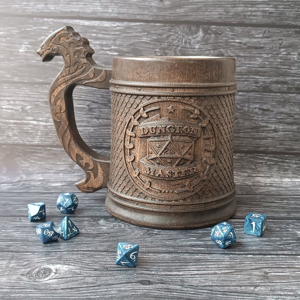 Dungeon Master Wooden beer mug, gift for him, DnD beer tankard,  Groomsman gift, 22oz, personalized gift, custom 3d milling