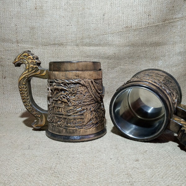 Alduin's Wall Wooden beer mug, Gift for him, dragon mug, 22oz, personalized gift, Gamer gift, funs beer stain, wooden tankard, men gift