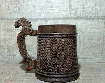 Dragon scales wooden beer mug, gift for man, best man gift, wooden tankard, gothic mug, personalized gift, custom engraving, carving  mug