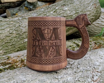 Fenrir wooden beer mug, celtic knot mug, bottle opener, Groomsmen gift, Bestman beer stein, personalized gift, custom engraving beer tankard