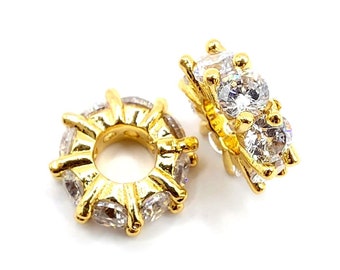 Gold Cubic Zirconia Hair Beads 2 Pc 4mm Hole, Loc Jewelry, Dreadlock Jewelry, Loc Beads, Braid Beads, Slide Beads, Charm Beads, Sisterlocks