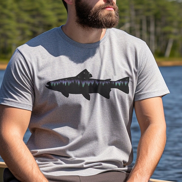 Fishing T-Shirt, Aurora Forrest and Fish T-Shirt, Fisherman Gift, Fly Fishing Gift, Trout Fishing T-Shirt, Northern Lights Shirt
