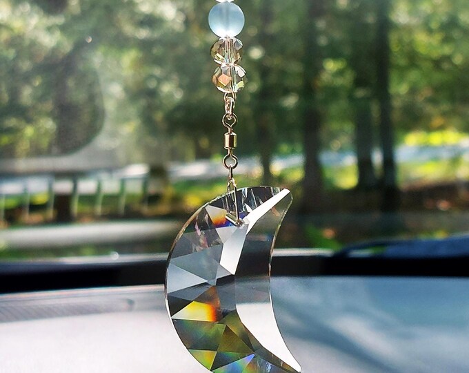 Crystal Prism Crescent Moon Rear View Mirror Charm, Celestial Car ...