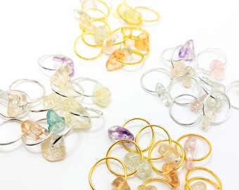 Quartz Crystal Gold or Silver 10 Pc Braid Rings, Loc Jewelry, Hair Hoops, Dread Jewelry, Crystal Hair Beads, Sisterlocks, Boho Hair Jewelry