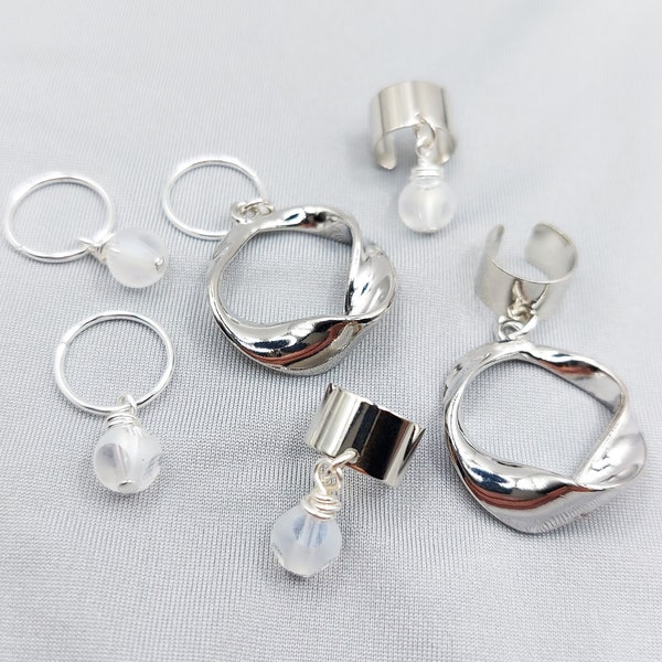 Round Twist & Glass Bead Braid Rings or Cuffs 3 Pc, Loc Jewelry, Hair Cuffs, Braid Jewelry, Boho Hair Jewelry, Hair Beads, Braid Accessories