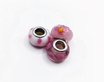 5 pc Pretty Tear Drops of Aqua Pink on Bumpy Lampwork European Big Hole Jewelry 