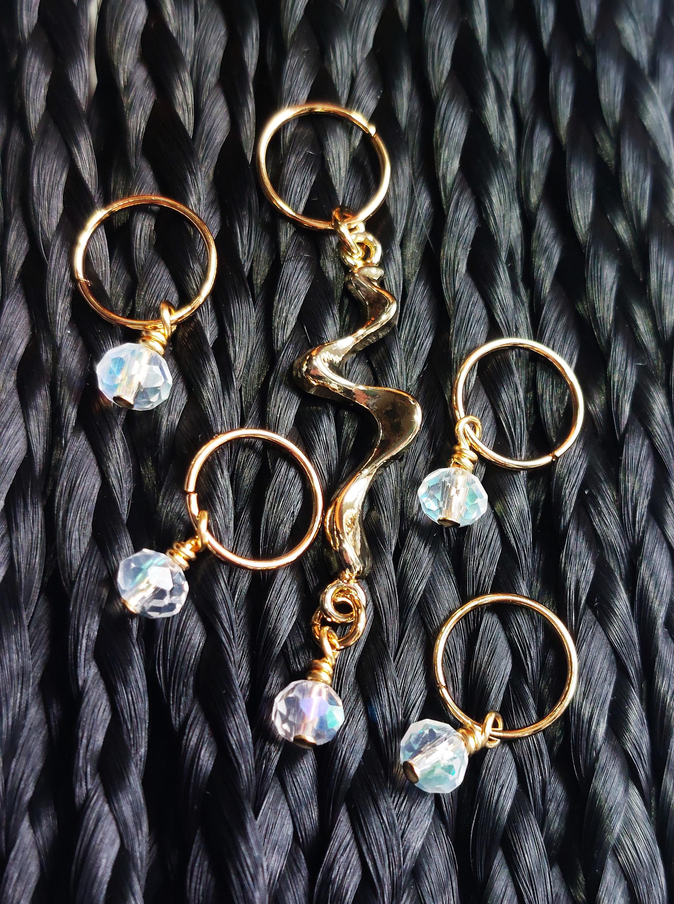 Gold Wave Hair Ring Set: 5 Pc Dangle Braid Jewelry With AB 