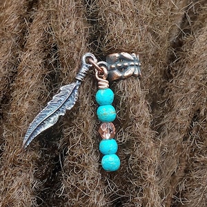 Antique Copper Feather & Bead Loc Cuff 5.5mm Hole, Loc Jewelry, Loc Beads, Hair Beads, Boho Hair Jewelry, Hair Charms, Small Dread Jewelry