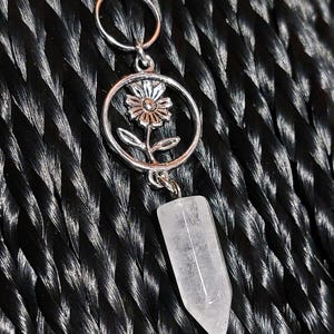 Quartz Point Silver Flower Hair Ring 1 Pc, Loc Jewelry, Hair Hoops, Dread Rings, Braid Jewelry, Boho Hair Jewelry, Alternative Girl Gift