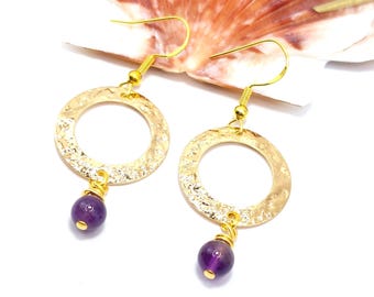 Amethyst & Hammered Brass Dangle Earrings: Boho Gemstone Jewelry