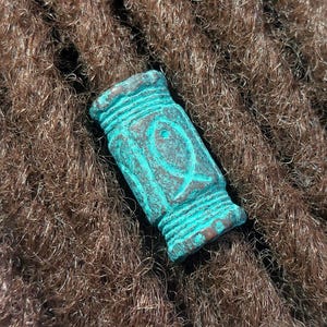 Copper Patina Ichthus Dread Bead: Large 10mm Hole Christian Barrel Bead