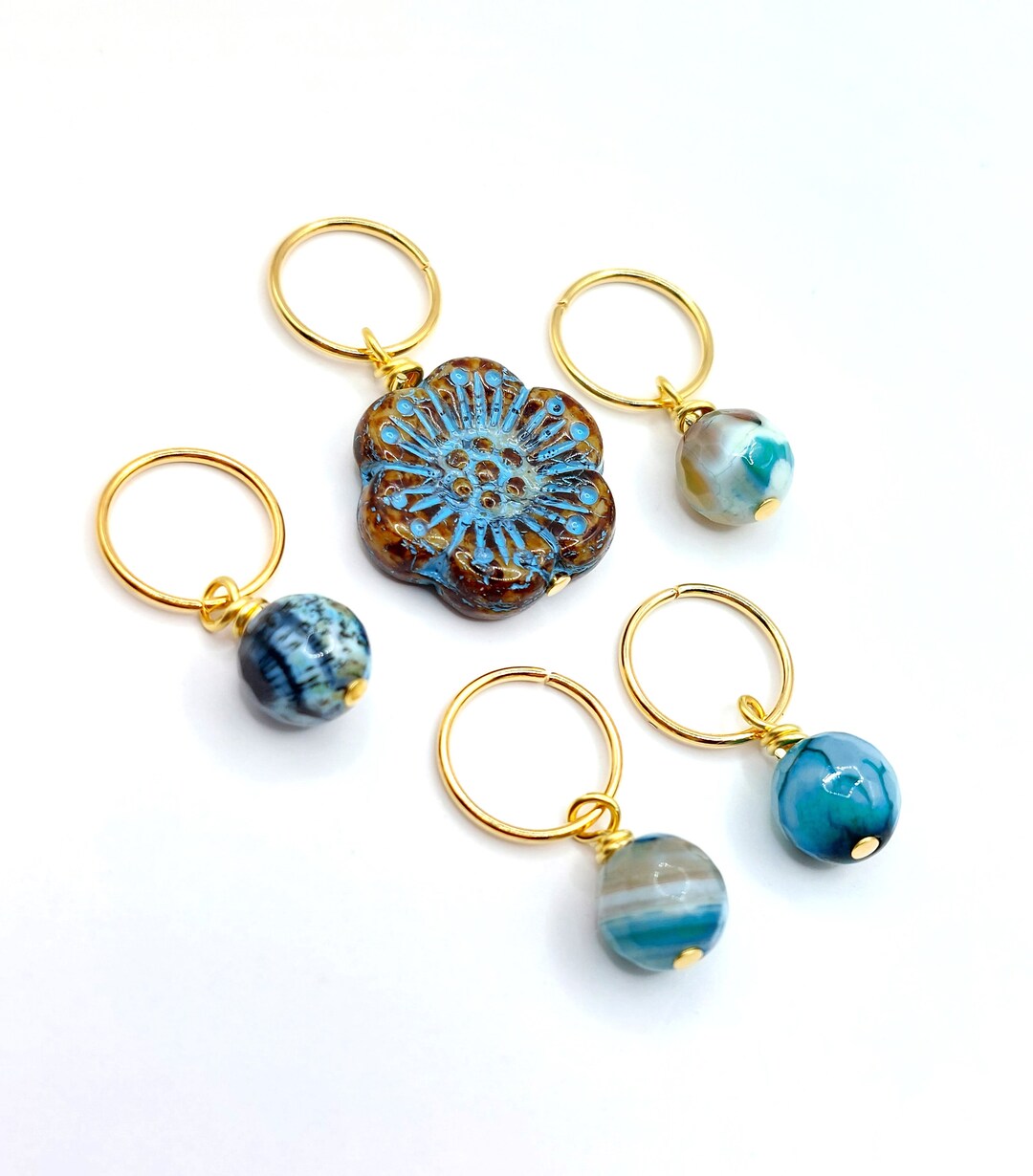 Agate & Turquoise Wild Rose Hair Ring Set 5 Pc, Loc Jewelry, Hair Hoops