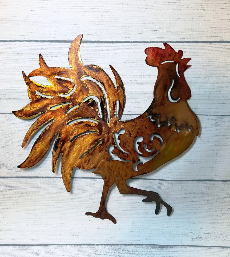 Brown Metal Rooster Funky En Wall Decor Art Farmhouse Tin Hand Painted Country Kitchen