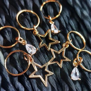 Star & Zircon Drop Hair Rings 6 Pc, Loc Jewelry, Gold Braid Rings, Dread Jewelry, Braid Jewelry, Hair Charms, Hair Beads, Loc Accessories