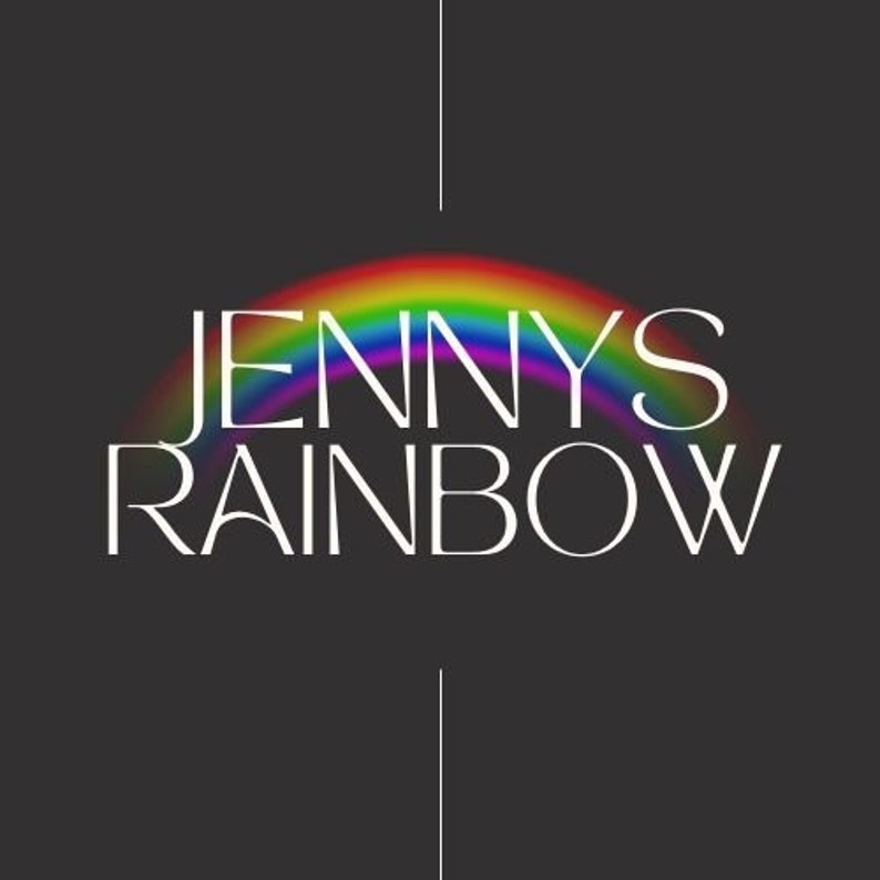 May include: A rainbow arch with the text "Jenny's Rainbow" in white font.