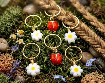 Ladybug & Daisy Hair Rings: Gold-Plated Loc Jewelry, Braid Charms (Set of 6)