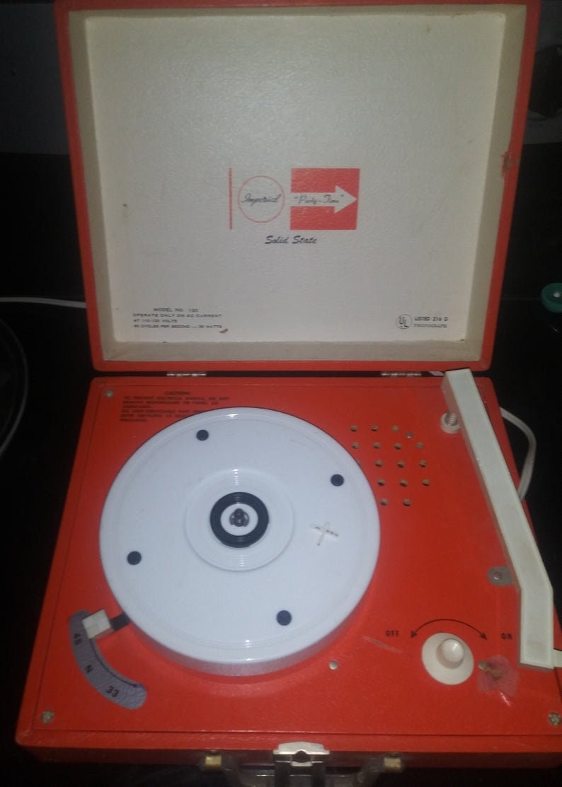 Vintage 1970s Imperial \u201cParty-Time\u201d Solid State Portable Record Player Suitcase 2-Speed Turntable ~ Free Shipping! Model 100 Funky Orange