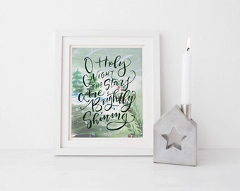 O Holy Night Watercolor Art Print, Sleigh Ride Wall Art, Printable Christmas Art, Hand Lettered Art, Holiday Wall Art