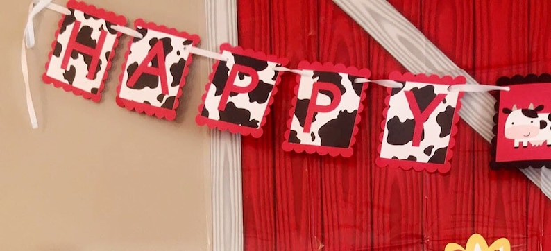 barnyard theme Gender reveal Baby Shower Farm Cow theme Happy Birthday Cow print Birthday Banner
