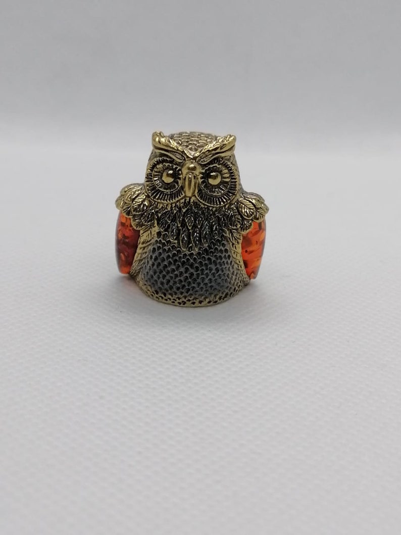 Russian \u0421ollectible brass thimble Baltic amber owl
