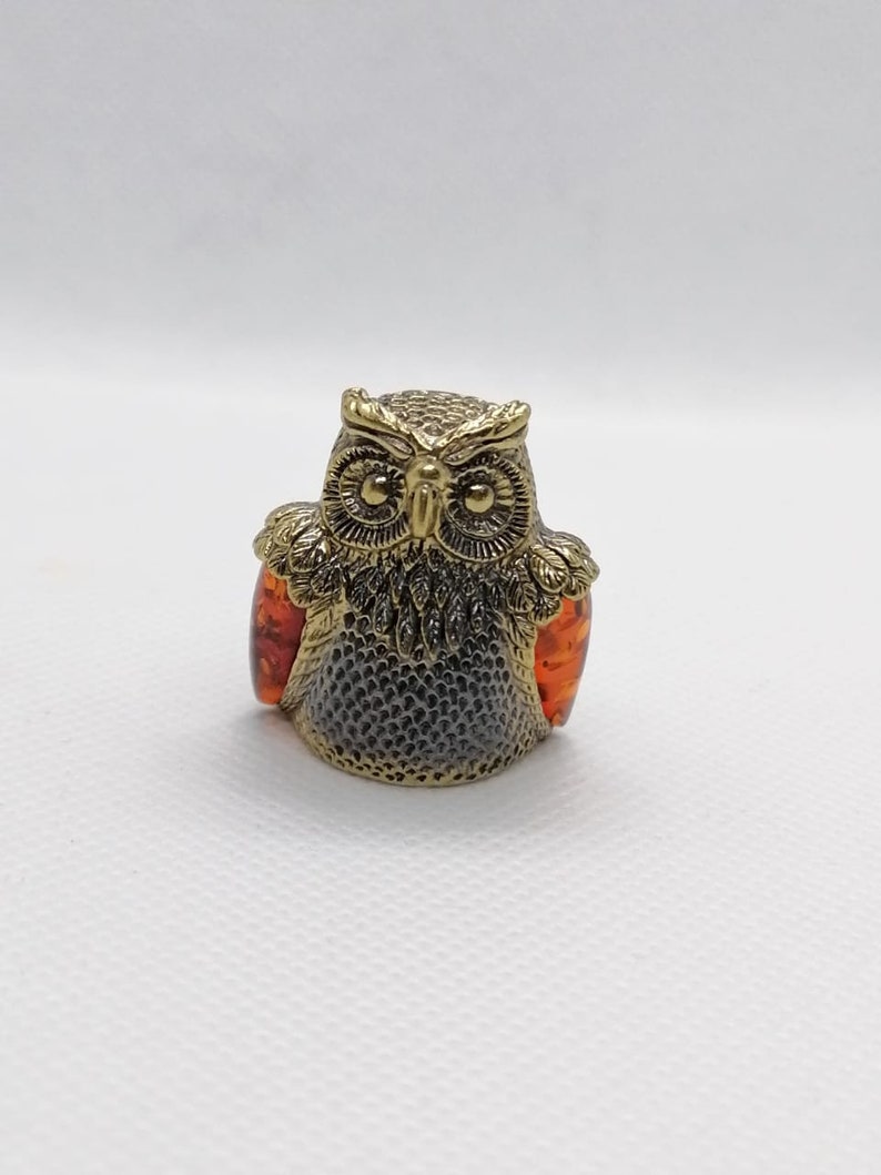 Russian \u0421ollectible brass thimble Baltic amber owl