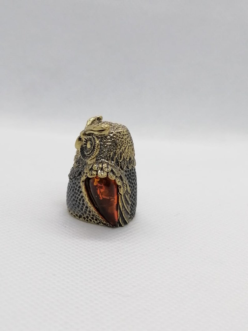 Russian \u0421ollectible brass thimble Baltic amber owl