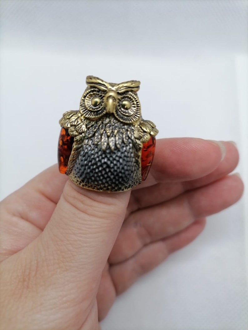 Russian \u0421ollectible brass thimble Baltic amber owl