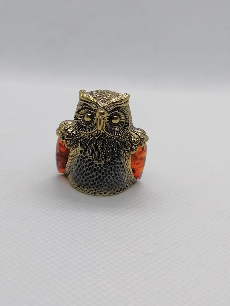 Russian \u0421ollectible brass thimble Baltic amber owl