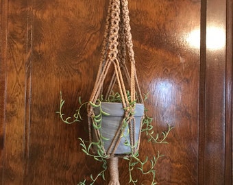 Macrame Plant Hanger - Tan with Wooden Ring