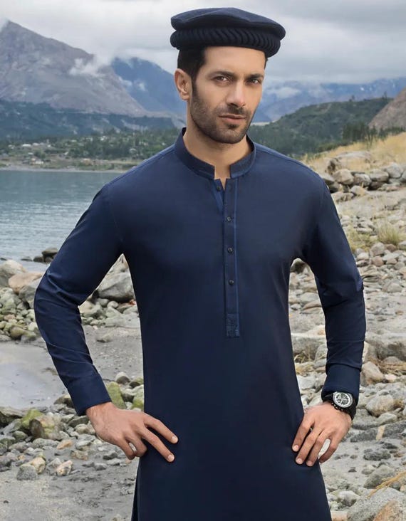 Size Large Branded Pakistani Classic Fit Mens Embroidered Kurta Pajama trouser Cotton Ready to Ship Dark Blue Etsy Canada