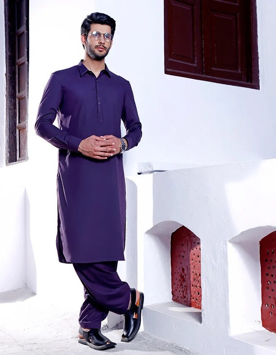 Ramadan Wedding Boys for Eid Pakistani Bengali Indian Desi Style Purple Slim Fit Kurta for Mens