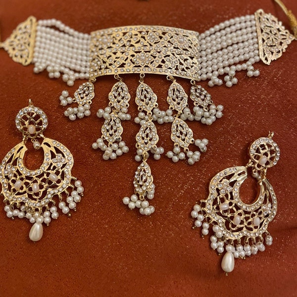 Pakistani gold plated jewelry, Hyderabadi kundan choker gluband earrings jewelry  set, handmade Pakistani wedding jewelry, ready to ship