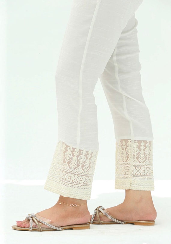 Shop Off White Chanderi Straight Pant With Embroidered Borders And Sequins  For Every Occasion at Soch India