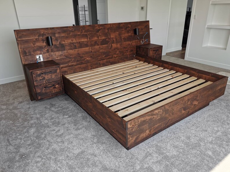 Solid Wood Large Platform Bed With Floating Beside Tables