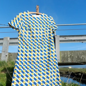 I.Magnin & Co. Vintage Yellow and Blue Dress with Geometric Pac-Man Print
